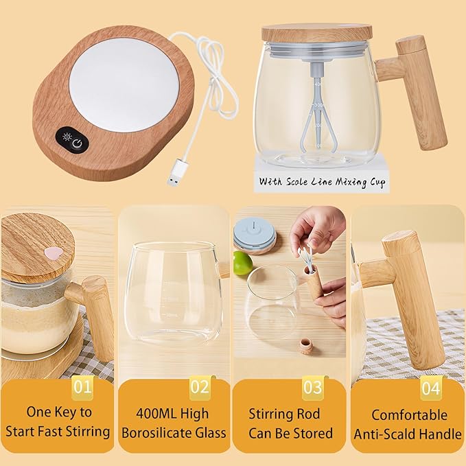 Electric Mixing Kettle & Self-Stirring Coffee Mug – Borosilicate Glass with 55° Constant Temperature Coaster, 400ml