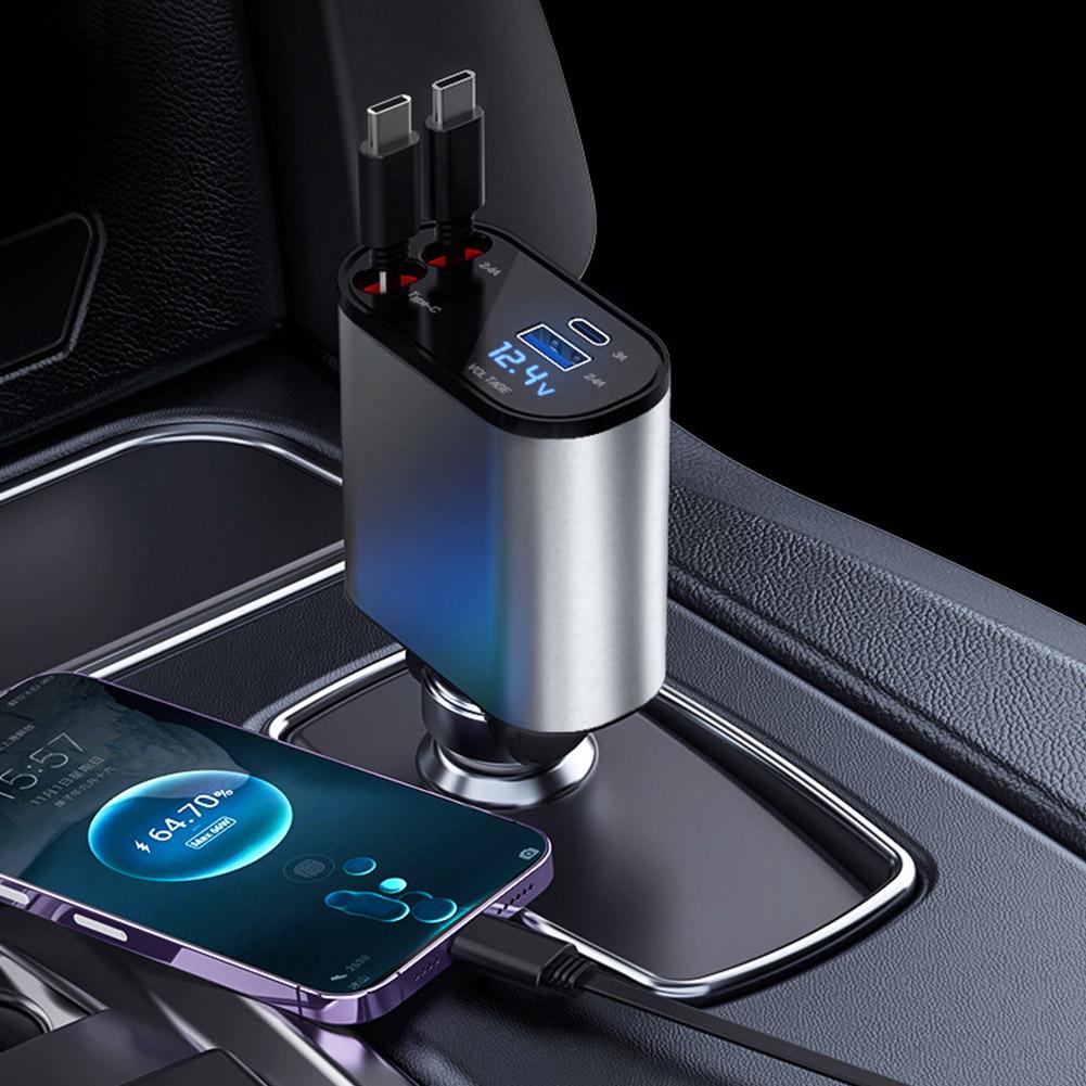 124W 360° Rotatable Fast Car Charger with Built-In Cables