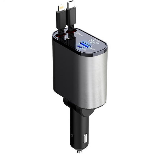 124W 360° Rotatable Fast Car Charger with Built-In Cables