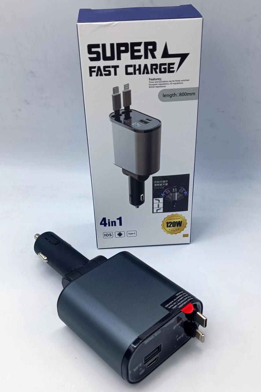124W 360° Rotatable Fast Car Charger with Built-In Cables