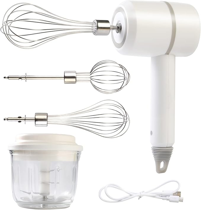 Cordless Hand Mixer & Food Chopper – 3-Speed USB Rechargeable with 300ml Glass Bowl