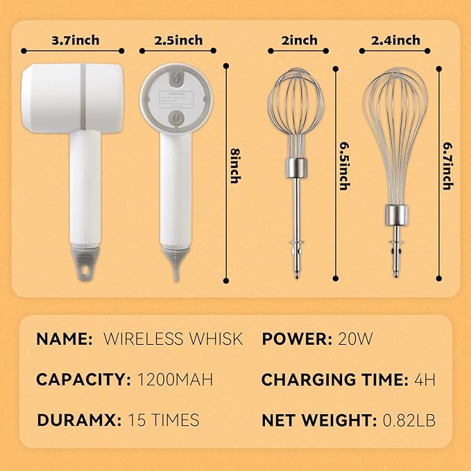 Cordless Hand Mixer & Food Chopper – 3-Speed USB Rechargeable with 300ml Glass Bowl