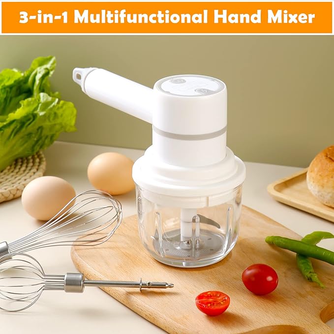 Cordless Hand Mixer & Food Chopper – 3-Speed USB Rechargeable with 300ml Glass Bowl