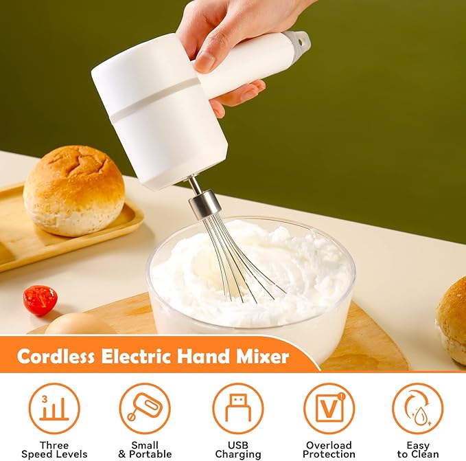 Cordless Hand Mixer & Food Chopper – 3-Speed USB Rechargeable with 300ml Glass Bowl