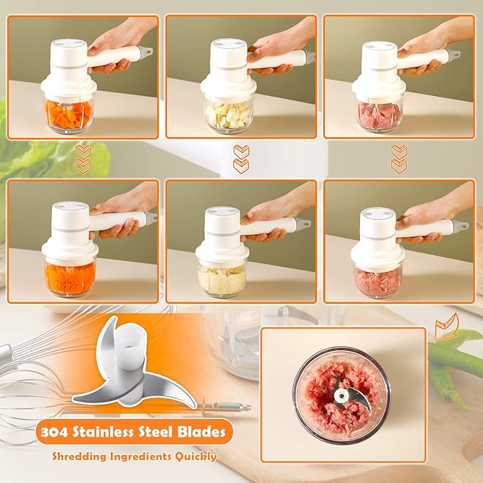 Cordless Hand Mixer & Food Chopper – 3-Speed USB Rechargeable with 300ml Glass Bowl