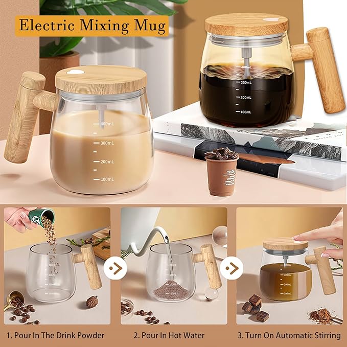 Electric Mixing Kettle & Self-Stirring Coffee Mug – Borosilicate Glass with 55° Constant Temperature Coaster, 400ml