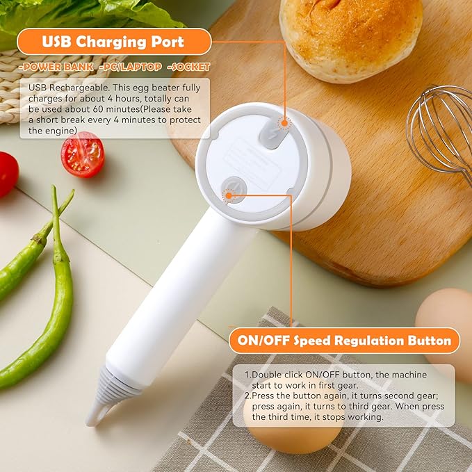 Cordless Hand Mixer & Food Chopper – 3-Speed USB Rechargeable with 300ml Glass Bowl