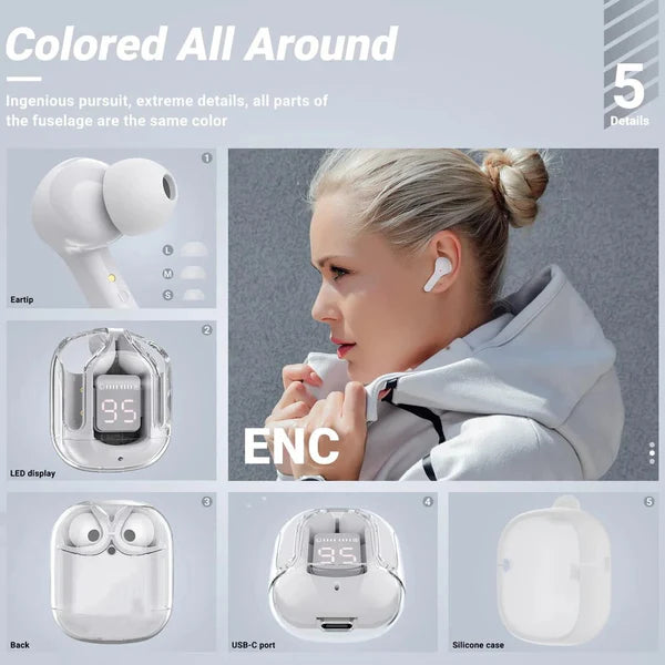 T6 Wireless Earbuds, Bluetooth Headphones with ENC Noise Canceling Translucent Earphones, HiFi Dual Stereo Microphone Mini in-Ear Earbuds with Charging Case and LED Digital Display